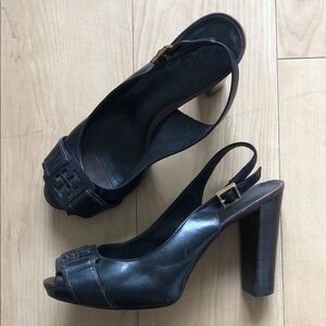 Tory Burch Black Peep-Toe Slingback Heels
